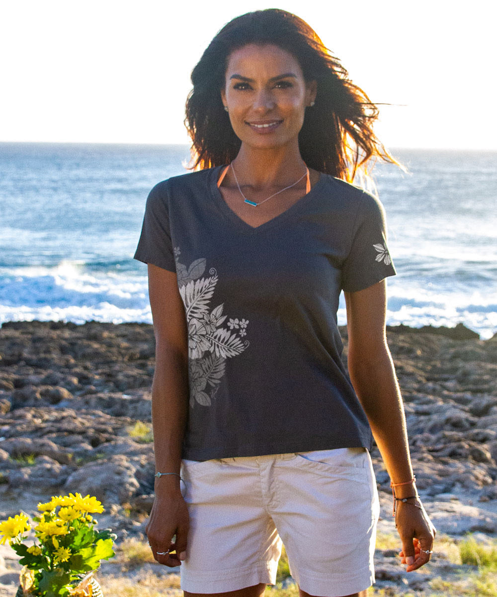Kalei - Graphite Short Sleeve Pima V-Neck T-Shirt